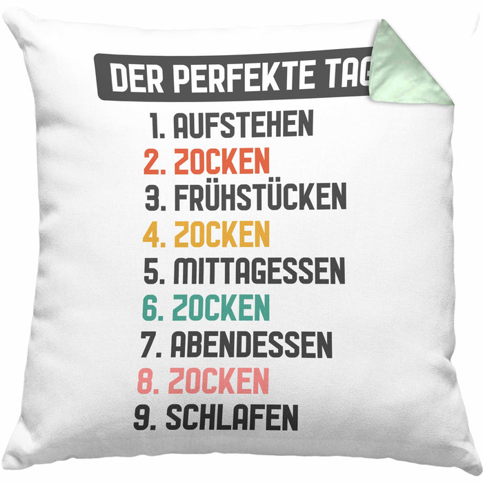 Zocker Gamer Kissen mit Füllung 40x40 mit Spruch Geschenk Junge Jungs Gaming Der Perfekte Tag (Grau) Grün Trendation