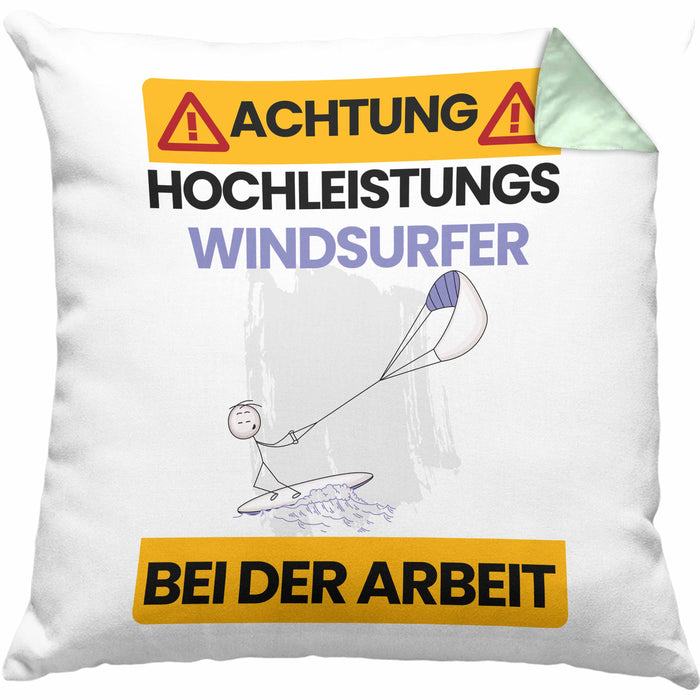 Windsurfer Kissen mit Füllung 40x40 Geschenk Lustiger Spruch Geschenkidee für Windsurfer Achtung Hochleistungs Windsurfer Bei Der Arbeit (Grau) Grün Trendation