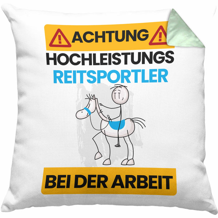 Reitsportler Kissen mit Füllung 40x40 Geschenk Lustiger Spruch Geschenkidee für Reitsportler Achtung Hochleistungs Reitsportler Bei Der Arbeit (Grau) Grün Trendation