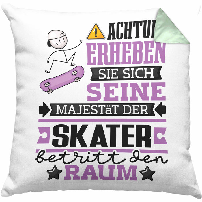 Skater Geschenk Kissen mit Füllung 40x40 Lustiger Spruch Erheben Sie Sich Der Skater Betritt den Raum (Grau) Grün Trendation