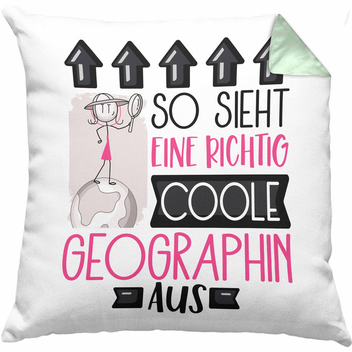 Geographin Geschenk Kissen mit Füllung 40x40 Geschenkidee für Geographin Geburtstag Weihnachten Spruch So Sieht Eine Richtig Coole Geographin Aus (Grau) Grün Trendation