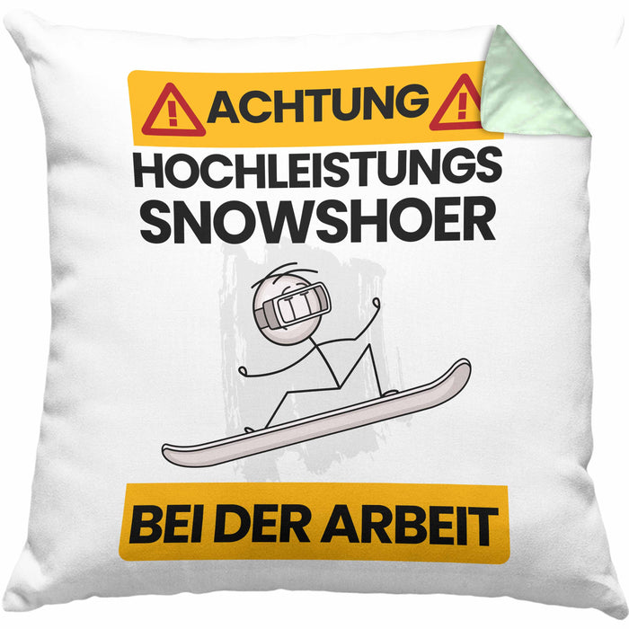 Snowshoer Kissen mit Füllung 40x40 Geschenk Lustiger Spruch Geschenkidee für Snowshoer Achtung Hochleistungs Snowshoer Bei Der Arbeit (Grau) Grün Trendation