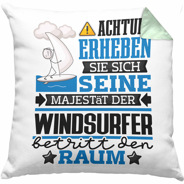Windsurfer Geschenk Kissen mit Füllung 40x40 Lustiger Spruch Erheben Sie Sich Der Windsurfer Betritt den Raum (Grau) Grün Trendation