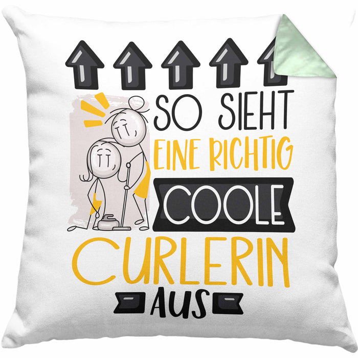 Curlerin Geschenk Kissen mit Füllung 40x40 Geschenkidee für Curlerin Geburtstag Weihnachten Spruch So Sieht Eine Richtig Coole Curlerin Aus (Grau) Grün Trendation