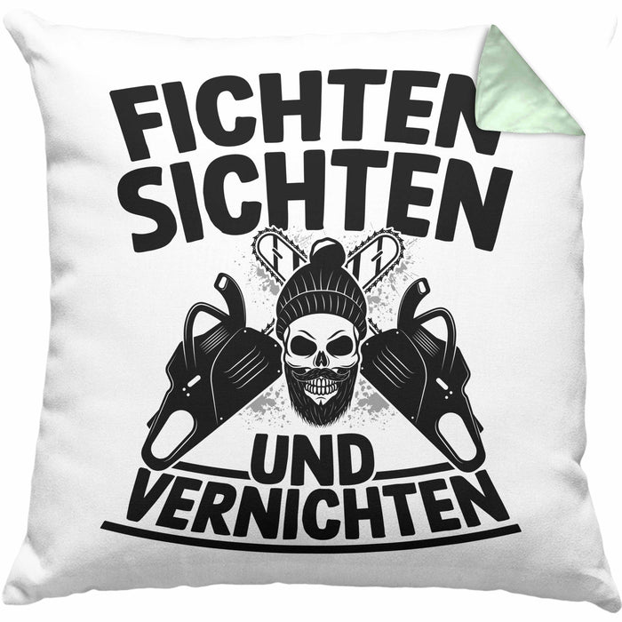 Waldarbeiter Kissen mit Füllung 40x40 Geschenk Fichten Sichten Und Vernichten Holz-Arbeiter Wald Bäume Fellen (Grau) Grün Trendation