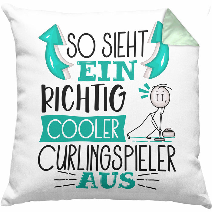 Curlingspieler Kissen mit Füllung 40x40 Geschenk So Sieht Ein RIchtig Cooler Curlingspieler Aus Geschenkidee Lustiger Spruch Geburtstag Curling Spieler (Grau) Grün Trendation