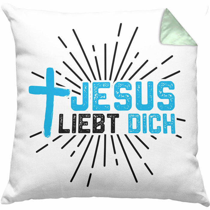 Jesus Liebt Dich Kissen mit Füllung 40x40 Geschenk Ostern Christentum Kirche Gläubiger Geschenkidee Häferl (Grau) Grün Trendation