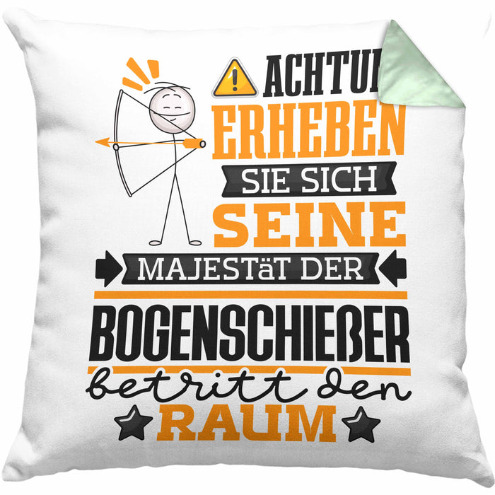 Bogenschießer Geschenk Kissen mit Füllung 40x40 Lustiger Spruch Erheben Sie Sich Der Bogenschießer Betritt den Raum (Grau) Grün Trendation
