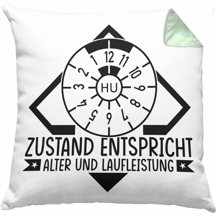 KFZ Mechaniker Kissen mit Füllung 40x40 Geschenk Spruch Männer KFZ Mechatroniker Geschenkidee Werkstatt Zustand Entispricht Alter Und Laufleistung (Grau) Grün Trendation