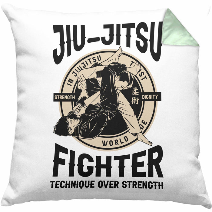 Jiu Jitsu Kissen mit Füllung 40x40 Geschenk für Kampfsportler Geschenkidee Technik über Stärke Spruch (Grau) Grün Trendation