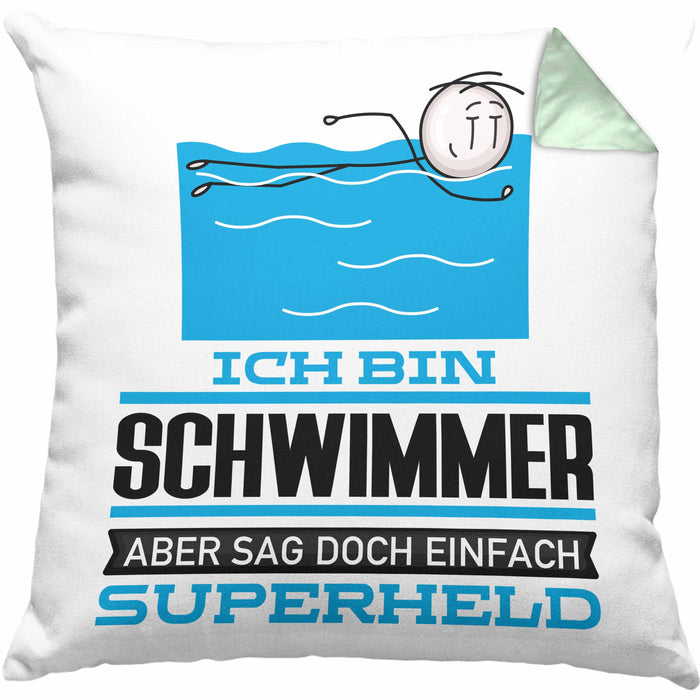 Schwimmer Geschenk Kissen mit Füllung 40x40 Ich Bin Schwimmer Aber Sag Doch Einfach Superheld Lustige Geschenkdiee für Schwimmer (Grau) Grün Trendation