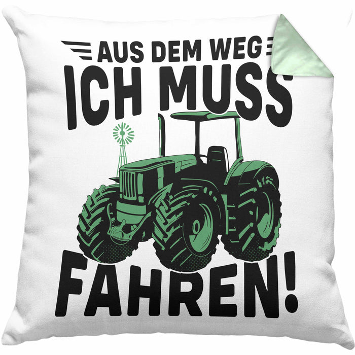 Traktor Trekker Kissen mit Füllung 40x40 Geschenk Landwirt Bauer Geschenkidee Kinder Aus Dem Weg Ich Muss Traktor Fahren (Grau) Grün Trendation