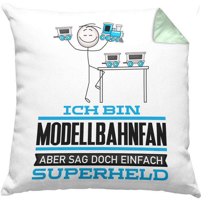 Modellbahnfan Geschenk Kissen mit Füllung 40x40 Ich Bin Modellbahnfan Aber Sag Doch Einfach Superheld Lustige Geschenkdiee für Modellbahnfan (Grau) Grün Trendation