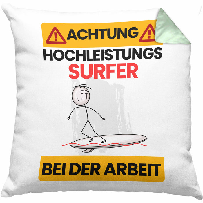 Surfer Kissen mit Füllung 40x40 Geschenk Lustiger Spruch Geschenkidee für Surfer Achtung Hochleistungs Surfer Bei Der Arbeit (Grau) Grün Trendation