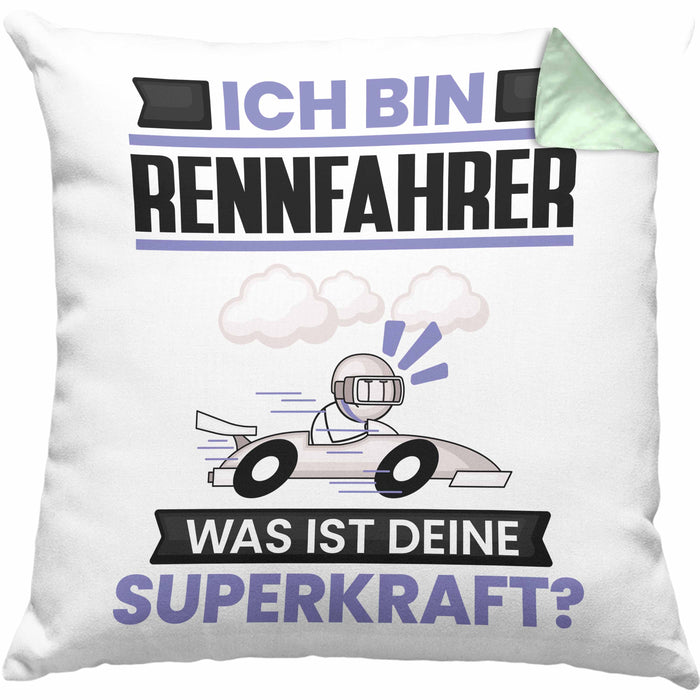 Rennfahrer Kissen mit Füllung 40x40 Geschenk für Rennfahrer Geburtstag Lustiger Spruch Was Ist Deine Superkraft (Grau) Grün Trendation