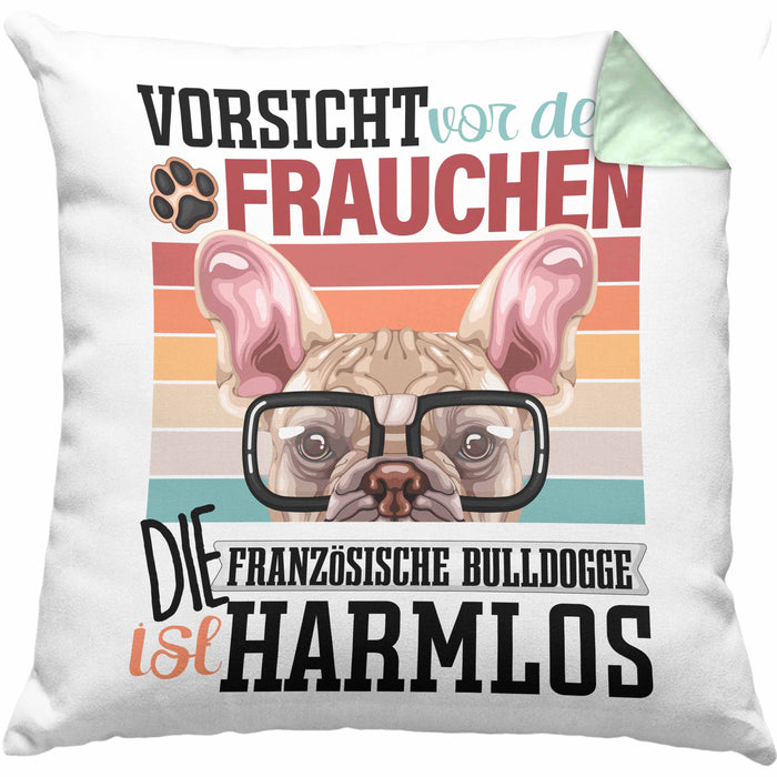Französische Bulldogge Besitzerin Frauchen Kissen mit Füllung 40x40 Geschenk Lustiger Spruch Geschenkidee Vorsicht Vor Dem Frauchen (Grau) Grün Trendation