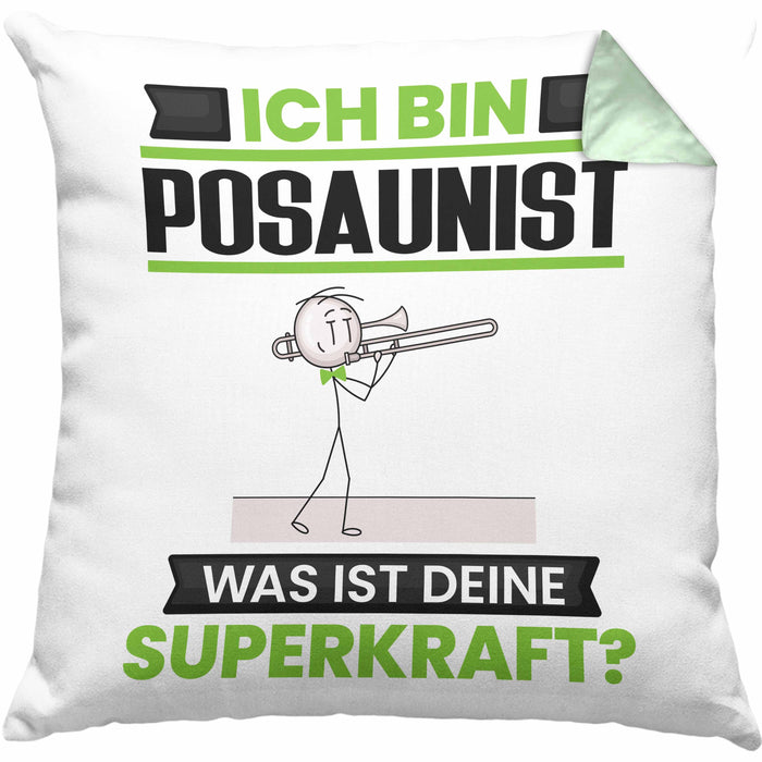 Posaunist Kissen mit Füllung 40x40 Geschenk für Posaunist Geburtstag Lustiger Spruch Was Ist Deine Superkraft (Grau) Grün Trendation