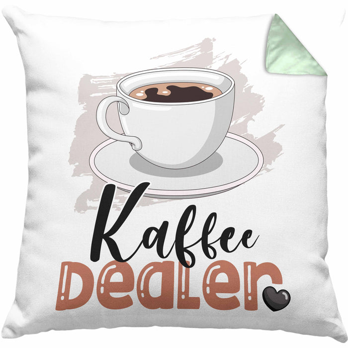 Kaffee Dealer Kissen mit Füllung 40x40 Geschenk für Barista Geburtstag Spruch Geschenkidee Kaffeeverkäufer (Grau) Grün Trendation