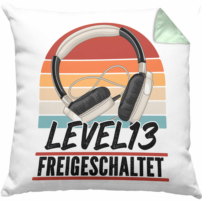 13. Geburtstag Kissen mit Füllung 40x40 Jungs Gaming Official Teenager 13er Geburtstag Geschenkidee Level 13 Freigeschaltet (Grau) Grün Trendation