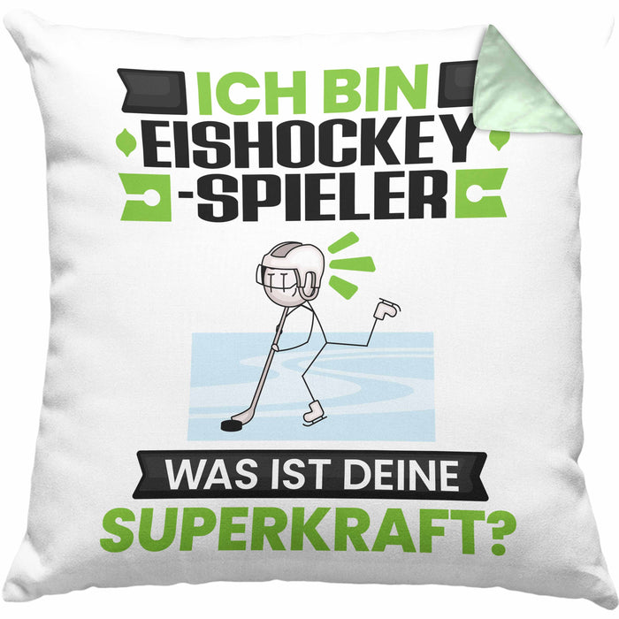 Eishockeyspieler Kissen mit Füllung 40x40 Geschenk für Eishockeyspieler Geburtstag Lustiger Spruch Was Ist Deine Superkraft (Grau) Grün Trendation