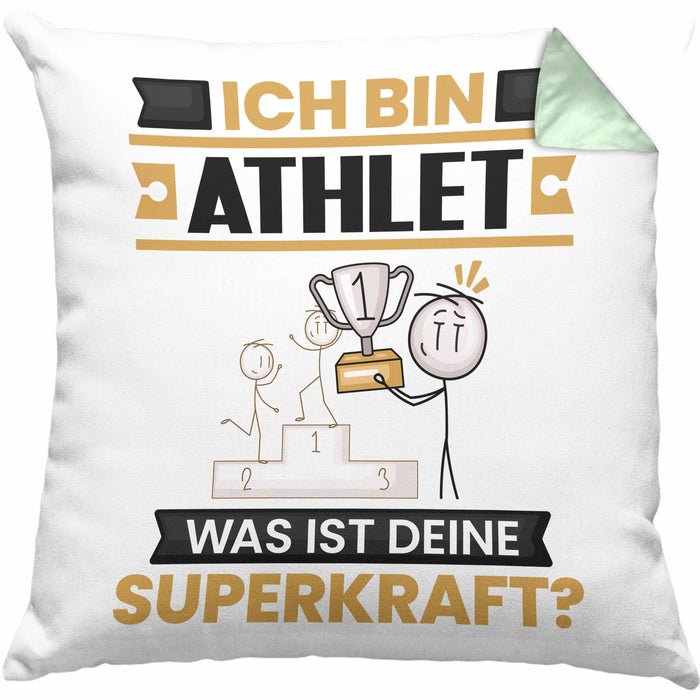Athlet Kissen mit Füllung 40x40 Geschenk für Athlet Geburtstag Lustiger Spruch Was Ist Deine Superkraft (Grau) Grün Trendation