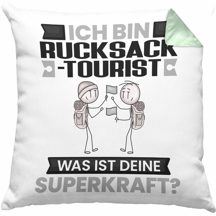 Rucksacktourist Kissen mit Füllung 40x40 Geschenk für Rucksacktourist Geburtstag Lustiger Spruch Was Ist Deine Superkraft (Grau) Grün Trendation