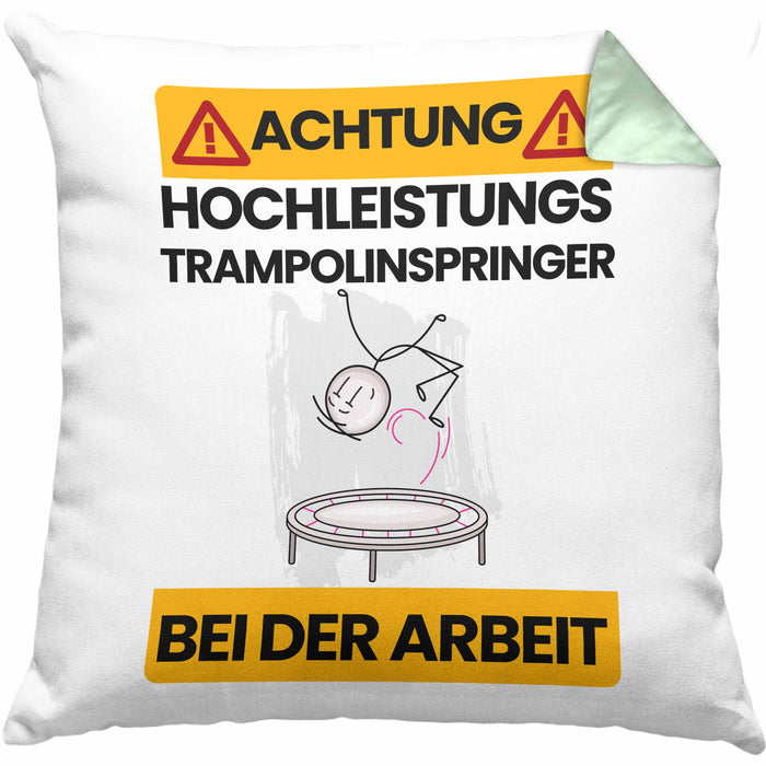 Trampolinspringer Kissen mit Füllung 40x40 Geschenk Lustiger Spruch Geschenkidee für Trampolinspringer Achtung Hochleistungs Trampolinspringer Bei Der Arbeit (Grau) Grün Trendation