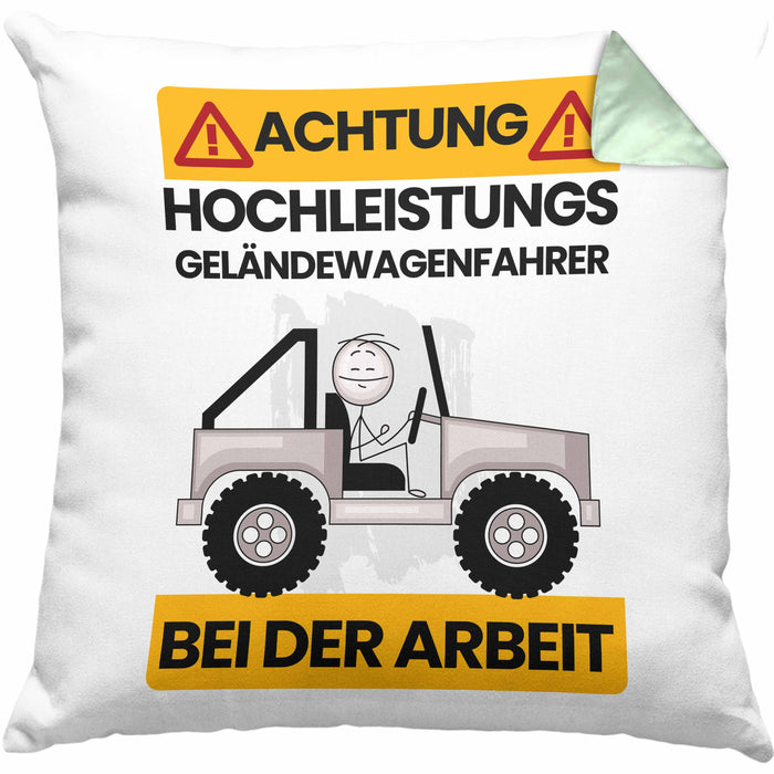 Geländewagenfahrer Kissen mit Füllung 40x40 Geschenk Lustiger Spruch Geschenkidee für Geländewagenfahrer Achtung Hochleistungs Geländewagenfahrer Bei Der Arbeit (Grau) Grün Trendation