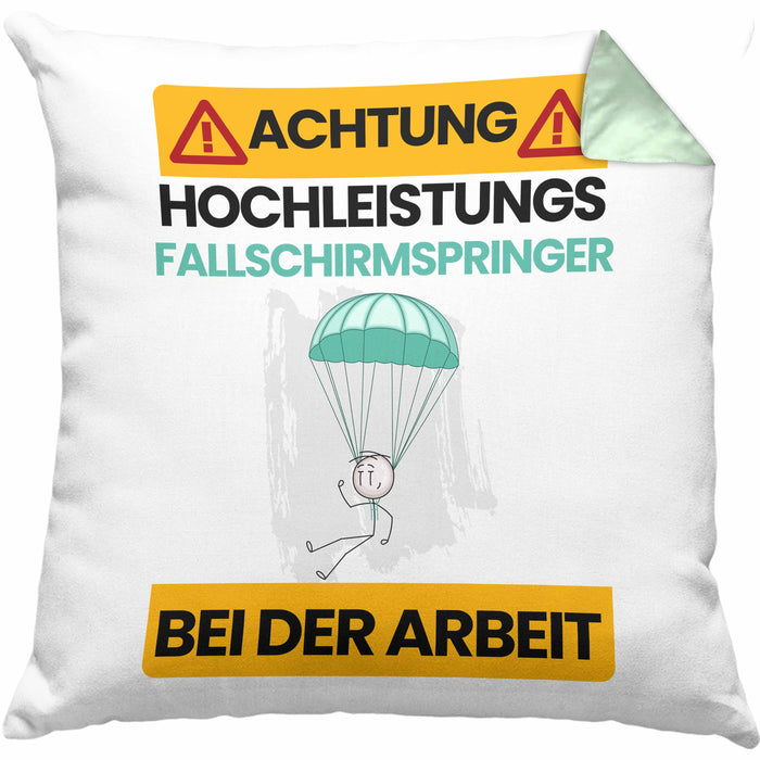 Fallschirmspringer Kissen mit Füllung 40x40 Geschenk Lustiger Spruch Geschenkidee für Fallschirmspringer Achtung Hochleistungs Fallschirmspringer Bei Der Arbeit (Grau) Grün Trendation