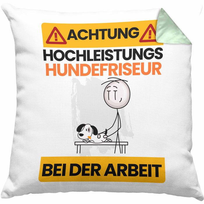 Hundefriseur Kissen mit Füllung 40x40 Geschenk Lustiger Spruch Geschenkidee für Hundefriseur Achtung Hochleistungs Hundefriseur Bei Der Arbeit (Grau) Grün Trendation