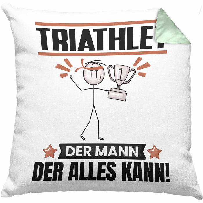 Triathlet Kissen mit Füllung 40x40 Geschenk für Triathlet Der Mann Der Alles Kann Geschenkidee zum Geburtstag (Grau) Grün Trendation