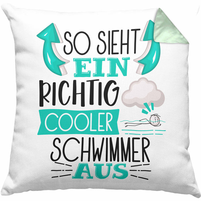 Schwimmer Kissen mit Füllung 40x40 Geschenk So Sieht Ein Richtig Cooler Schwimmer Aus Geschenkidee Spruch Lustig (Grau) Grün Trendation