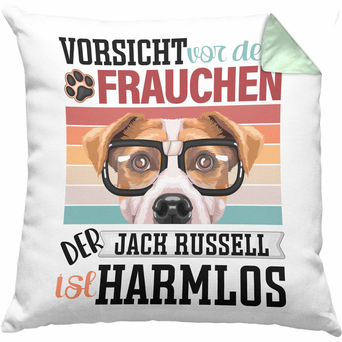 Jack Russell Besitzerin Frauchen Kissen mit Füllung 40x40 Geschenk Lustiger Spruch Geschenkidee Vorsicht Vor Dem Frauchen (Grau) Grün Trendation