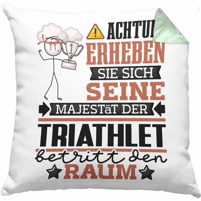 Triathlet Geschenk Kissen mit Füllung 40x40 Lustiger Spruch Erheben Sie Sich Der Triathlet Betritt den Raum (Grau) Grün Trendation