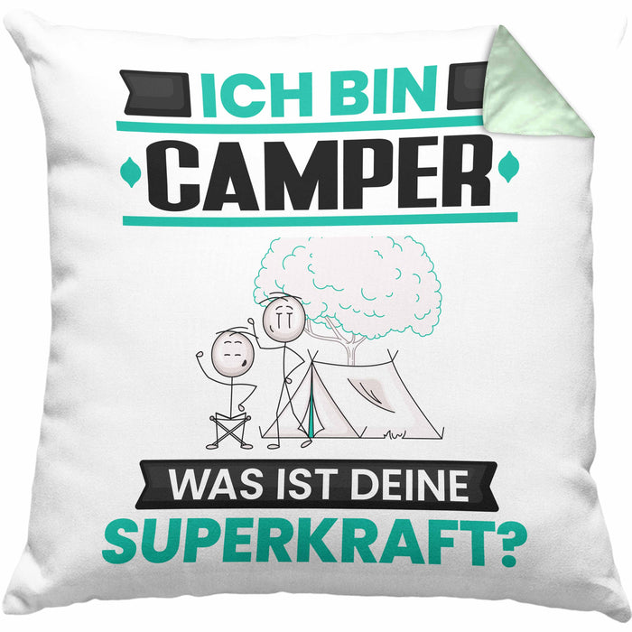 Camper Kissen mit Füllung 40x40 Geschenk für Camper Geburtstag Lustiger Spruch Was Ist Deine Superkraft (Grau) Grün Trendation