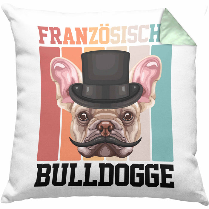 Französische Bulldogge Besitzer Kissen mit Füllung 40x40 Geschenk Lustiger Spruch Geschenkidee Retro Vinatge Französische Bulldogge (Grau) Grün Trendation