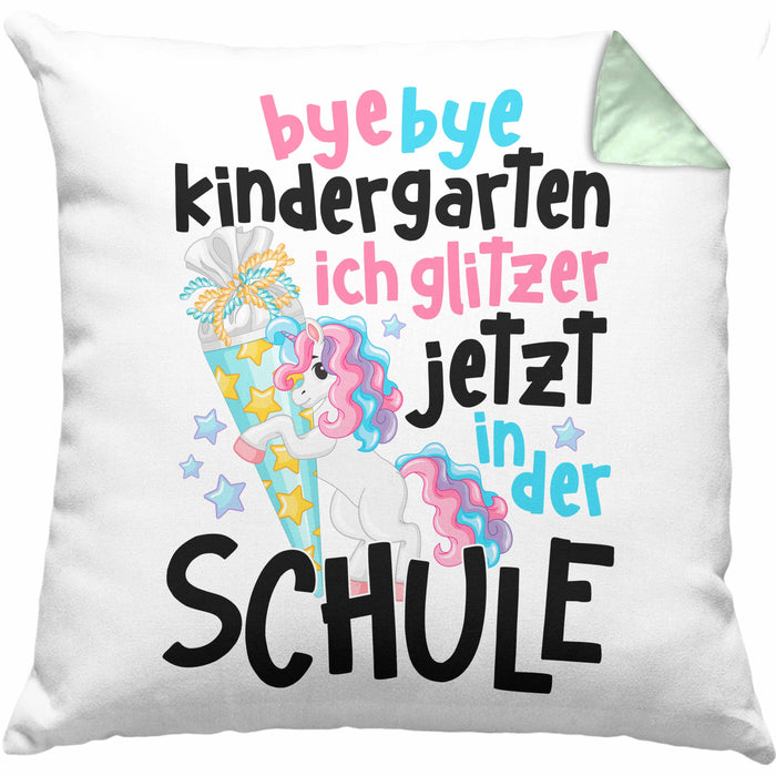 Bye Bye Kindergarten Einschulung Mädchen Geschenk Kissen mit Füllung 40x40 Schulstart 1. Schultag Schuleinführung Schulanfang Geschenkidee 2024 Schulkind Ich Glitzer Jetzt In Der Schule (Grau) Grün Trendation