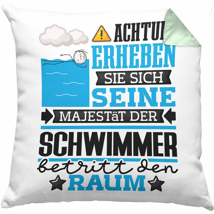 Schwimmer Geschenk Kissen mit Füllung 40x40 Lustiger Spruch Erheben Sie Sich Der Schwimmer Betritt den Raum (Grau) Grün Trendation