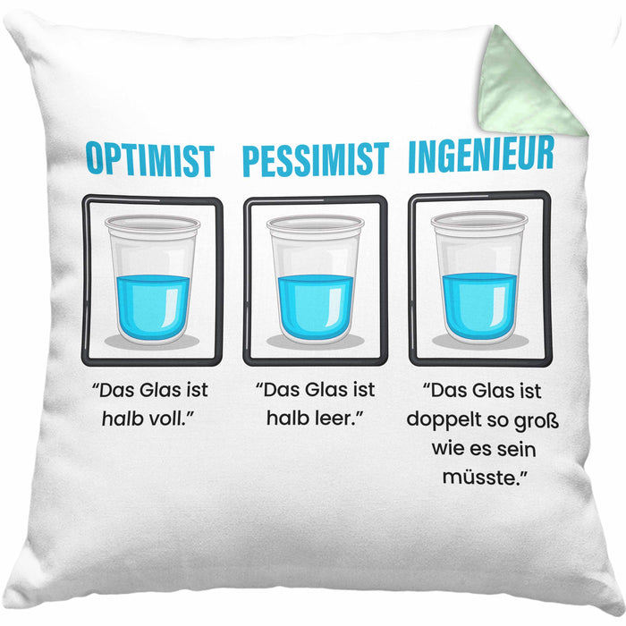 Ingenieur Kissen mit Füllung 40x40 Geschenk Spruch Geschenkidee für Ingenieure Das Glas Ist Doppelt So Groß Wie Es Sein Muss (Grau) Grün Trendation