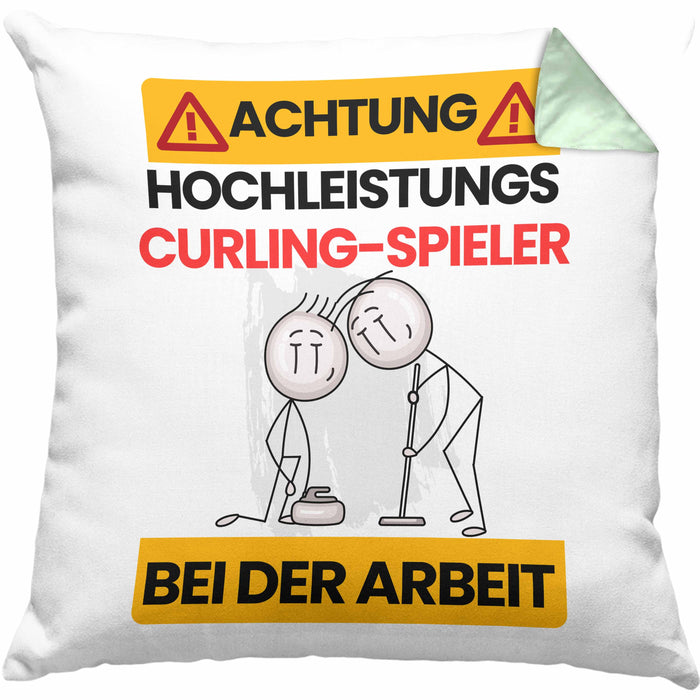 Curling-Spieler Kissen mit Füllung 40x40 Geschenk Lustiger Spruch Geschenkidee für Curling-Spieler Achtung Hochleistungs Curling-Spieler Bei Der Arbeit (Grau) Grün Trendation