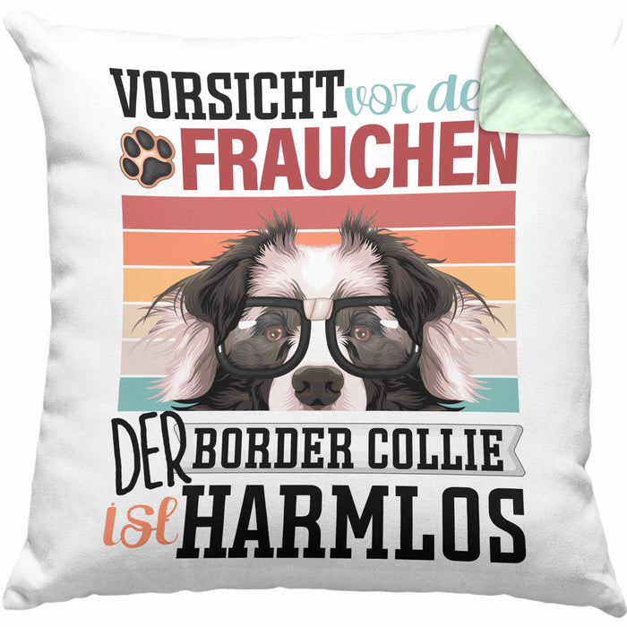Border Collies Besitzerin Frauchen Kissen mit Füllung 40x40 Geschenk Lustiger Spruch Geschenkidee Vorsicht Vor Dem Frauchen (Grau) Grün Trendation