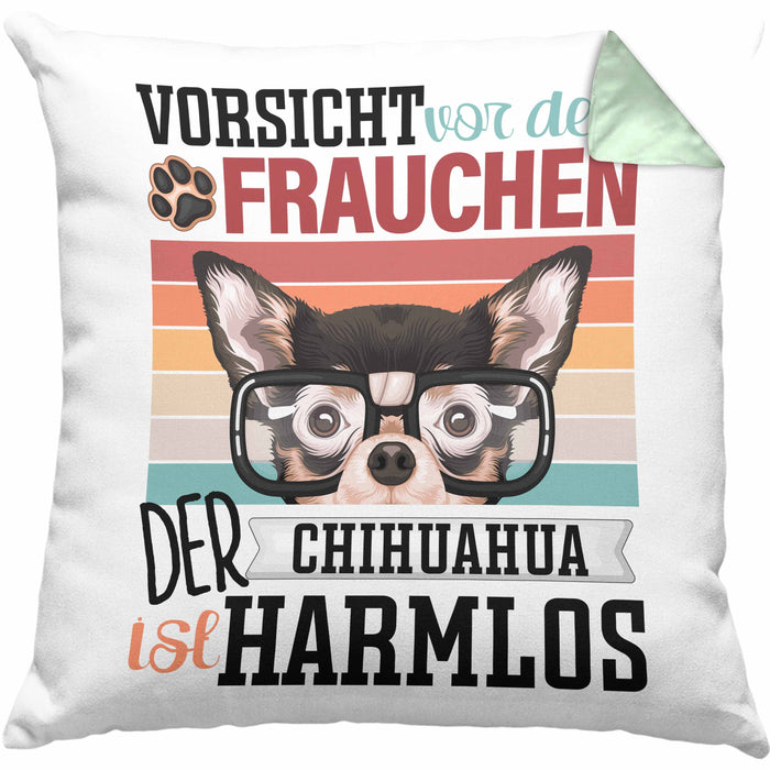 Chihuahua Besitzerin Frauchen Kissen mit Füllung 40x40 Geschenk Lustiger Spruch Geschenkidee Vorsicht Vor Dem Frauchen (Grau) Grün Trendation