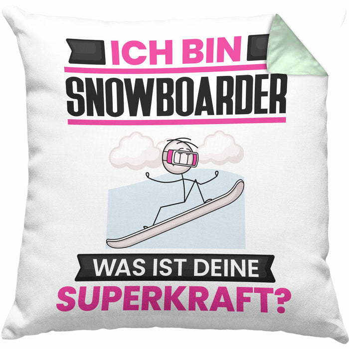 Snowboarder Kissen mit Füllung 40x40 Geschenk für Snowboarder Geburtstag Lustiger Spruch Was Ist Deine Superkraft (Grau) Grün Trendation
