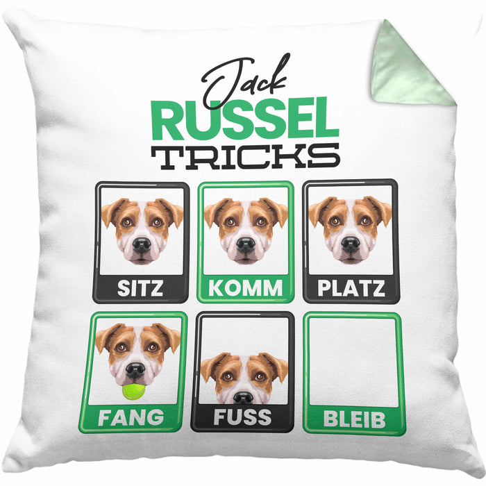 Jack Russel Besitzer Kissen mit Füllung 40x40 Geschenk Lustiger Spruch Geschenkidee Jack Russel Tricks Bleib (Grau) Grün Trendation