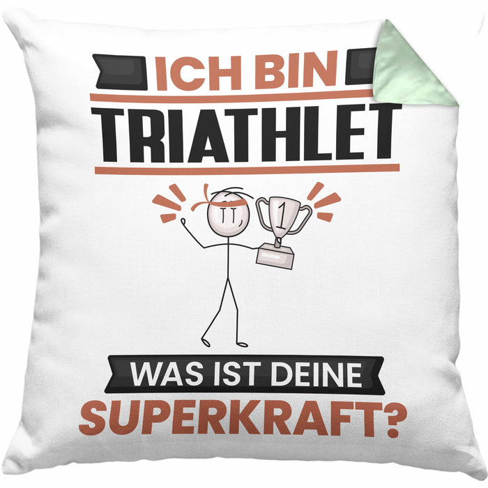 Triathlet Kissen mit Füllung 40x40 Geschenk für Triathlet Geburtstag Lustiger Spruch Was Ist Deine Superkraft (Grau) Grün Trendation