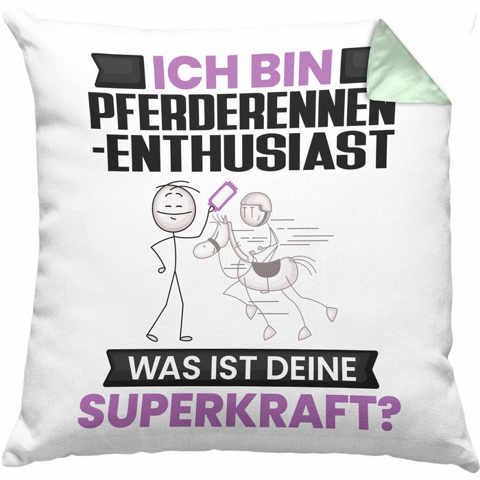 Pferderennen-Enthusiast Kissen mit Füllung 40x40 Geschenk für Pferderennen-Enthusiast Geburtstag Lustiger Spruch Was Ist Deine Superkraft (Grau) Grün Trendation