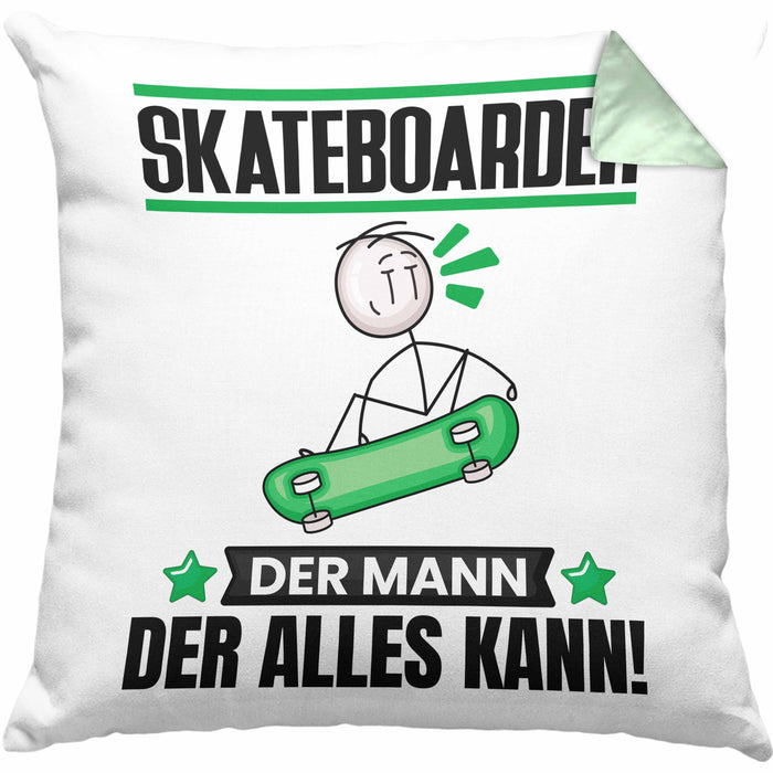 Skateboarder Kissen mit Füllung 40x40 Geschenk für Skateboarder Der Mann Der Alles Kann Geschenkidee zum Geburtstag (Grau) Grün Trendation