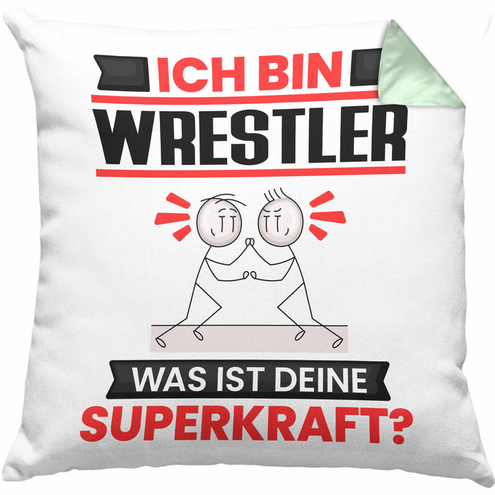 Wrestler Kissen mit Füllung 40x40 Geschenk für Wrestler Geburtstag Lustiger Spruch Was Ist Deine Superkraft (Grau) Grün Trendation