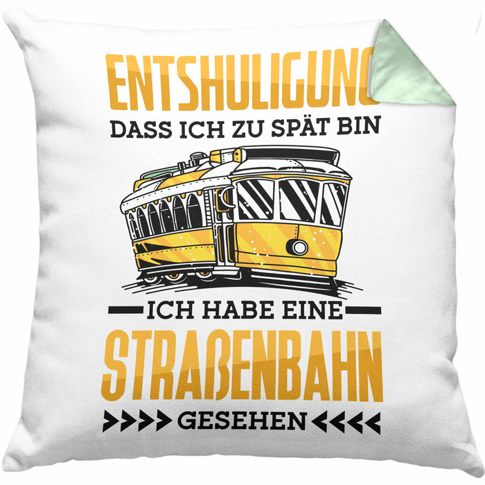 Straßenbahn Kissen mit Füllung 40x40 Geschenk Spruch Lustig Ein Leben Ohne Straßenbahn Fahrer Geschenkidee Geburtstag (Grau) Grün Trendation