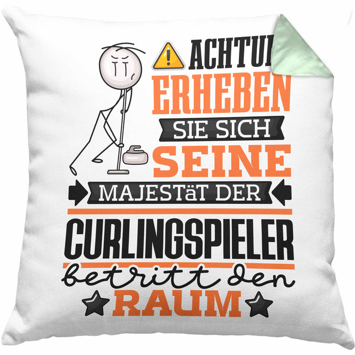 Curlingspieler Geschenk Kissen mit Füllung 40x40 Lustiger Spruch Erheben Sie Sich Der Curlingspieler Betritt den Raum (Grau) Grün Trendation
